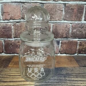 Vintage Snickers 1992 Olympic Games Glass Candy Jar Barcelona w Lid Airtight